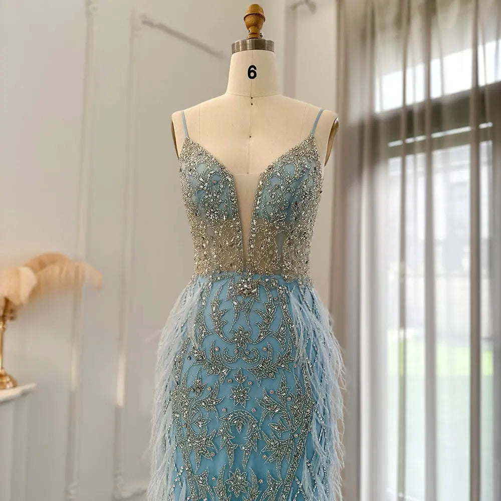 Luxury Feathers Champagne Spaghetti Evening Dress SS374