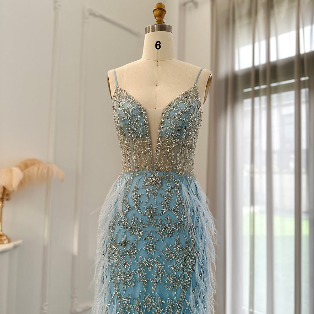 Luxury Feathers Champagne V-Neck Mermaid Evening Dress SS374