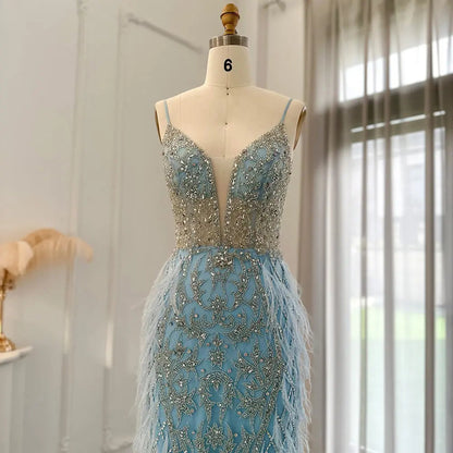 Luxury Feathers Champagne Spaghetti Evening Dress SS374