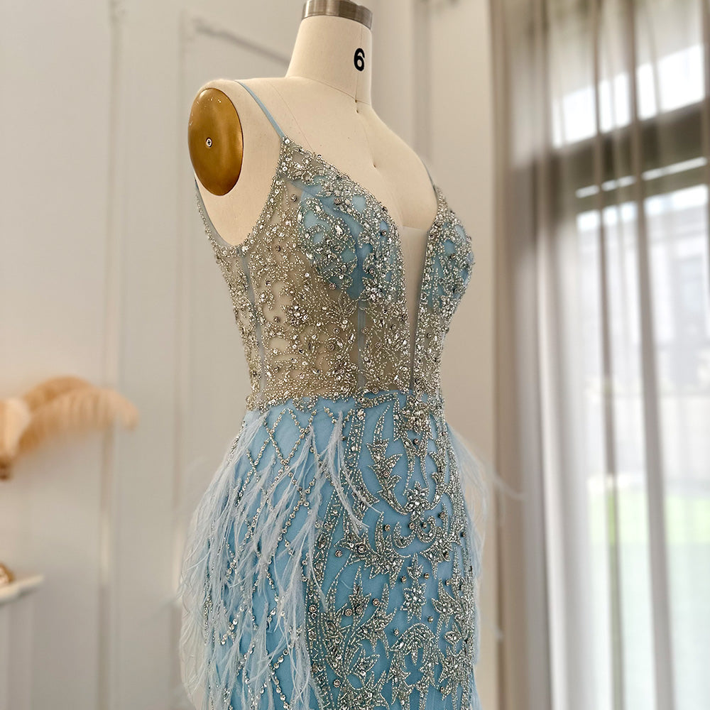Luxury Feathers Champagne V-Neck Mermaid Evening Dress SS374