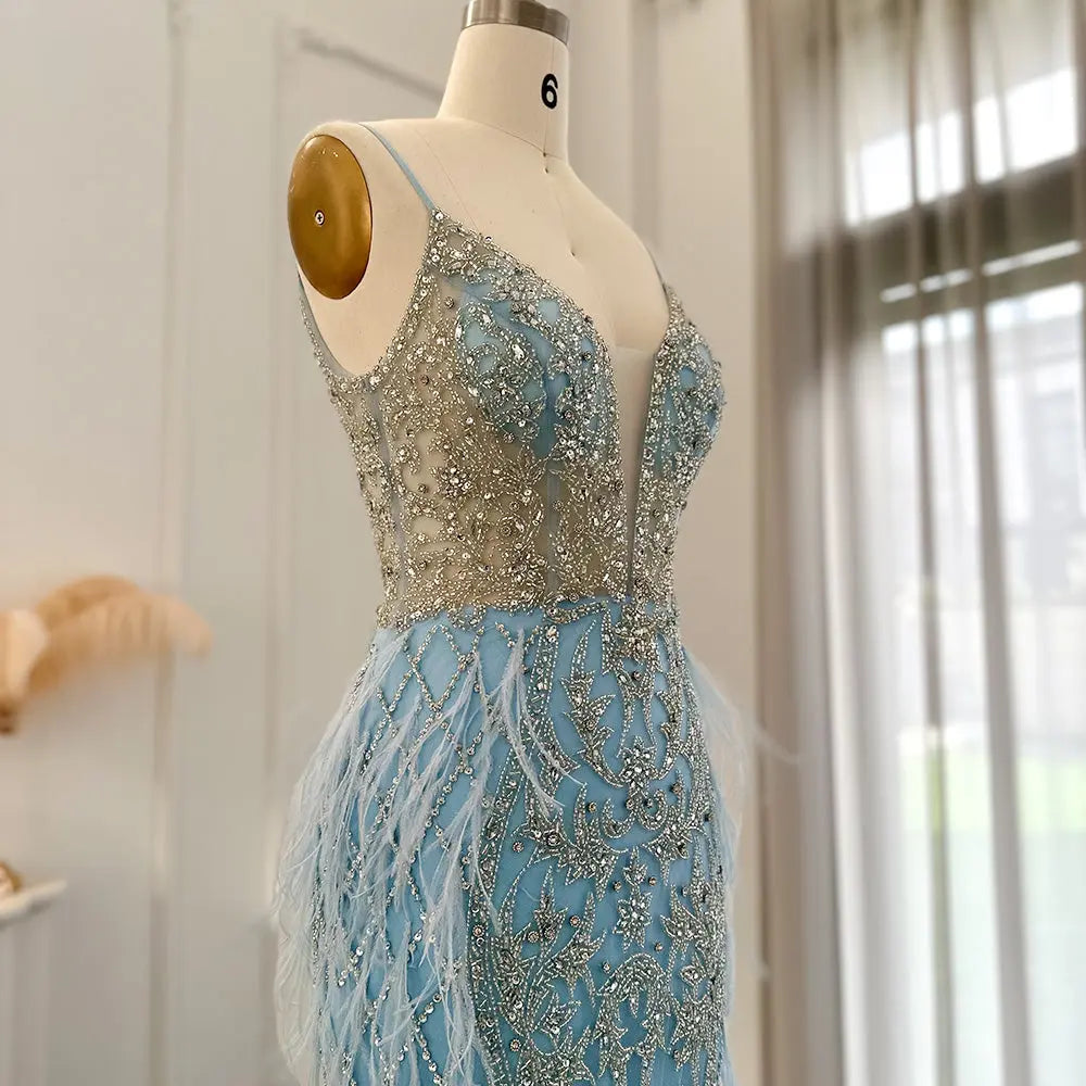 Luxury Feathers Champagne Spaghetti Evening Dress SS374