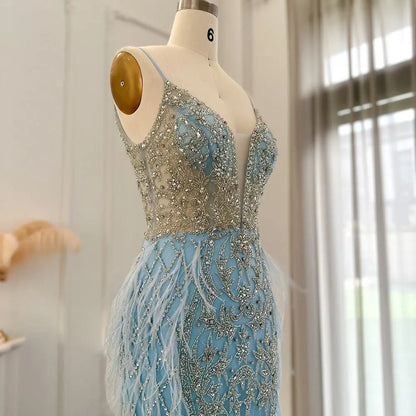 Luxury Feathers Champagne Spaghetti Evening Dress SS374