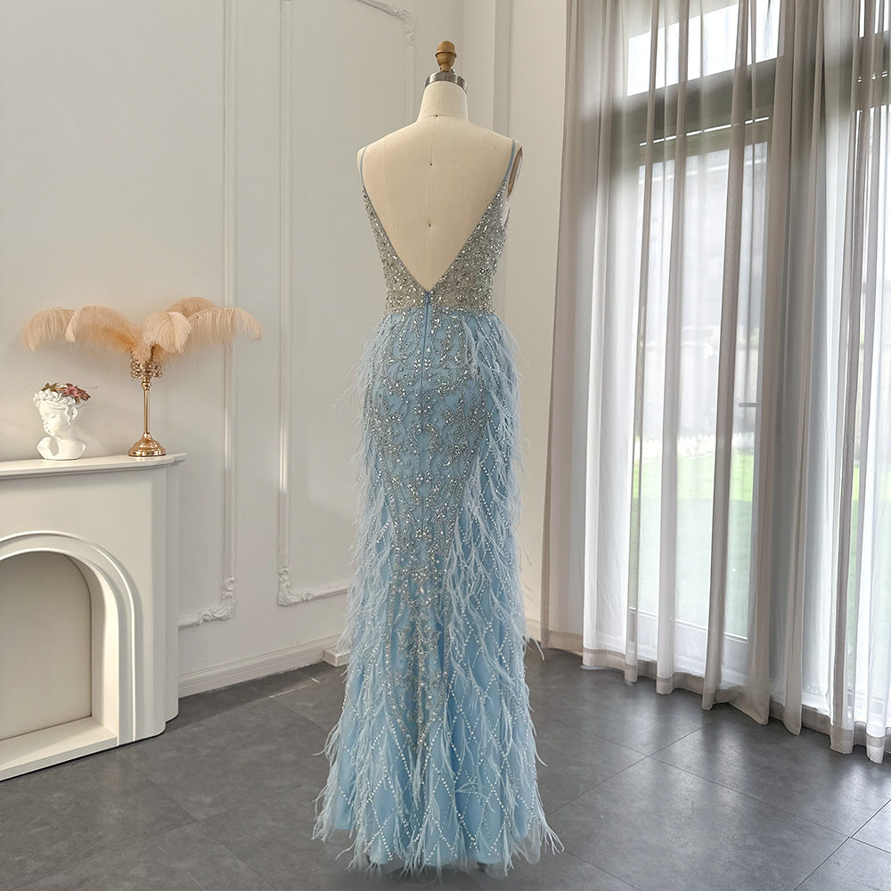Luxury Feathers Champagne V-Neck Mermaid Evening Dress SS374