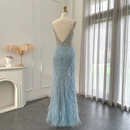 Luxury Feathers Champagne Spaghetti Evening Dress SS374