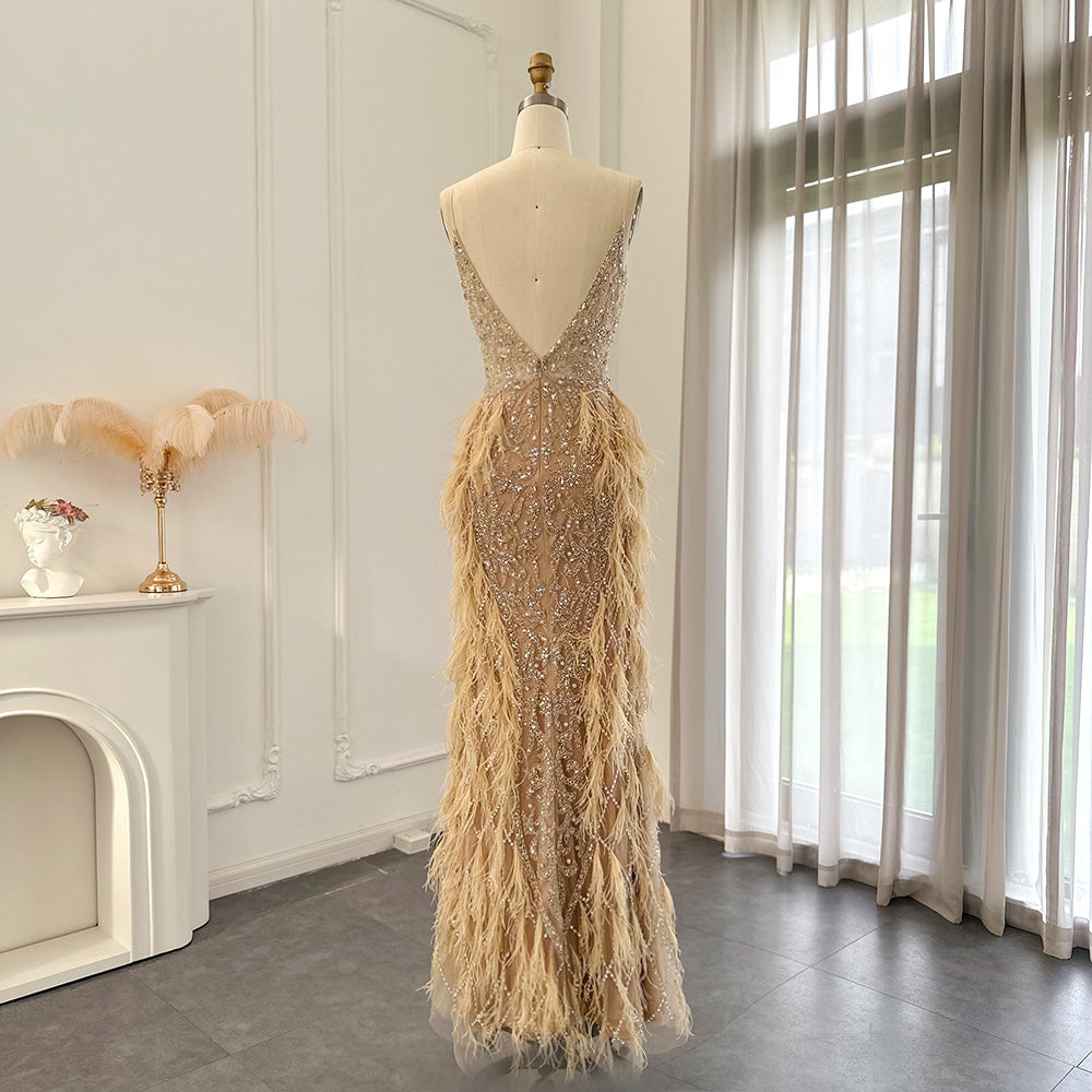 Luxury Feathers Champagne V-Neck Mermaid Evening Dress SS374