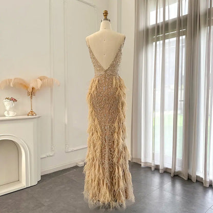 Luxury Feathers Champagne Spaghetti Evening Dress SS374