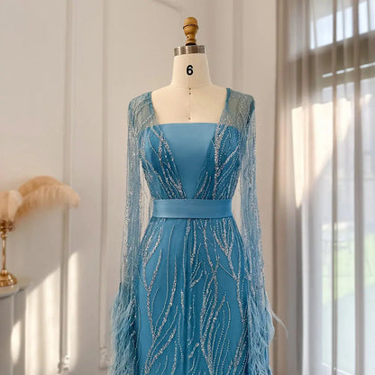 Luxury Feathers Yellow Evening Dress with Cape Sleeves SS420
