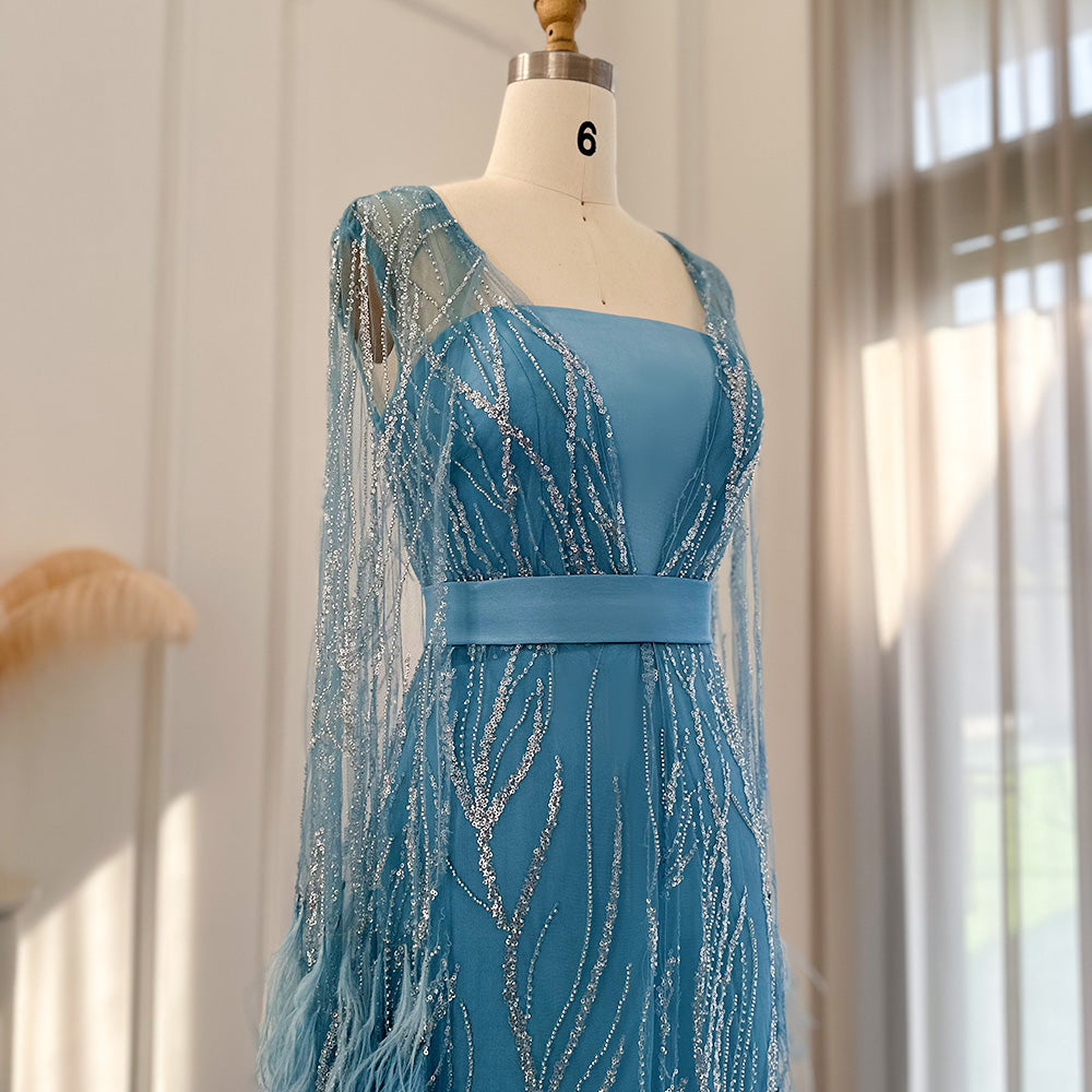 Luxury Feathers Light Yellow Evening Dress with Cape Sleeves SS420