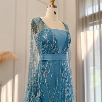 Luxury Feathers Yellow Evening Dress with Cape Sleeves SS420