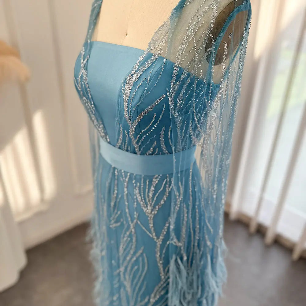 Luxury Feathers Yellow Evening Dress with Cape Sleeves SS420