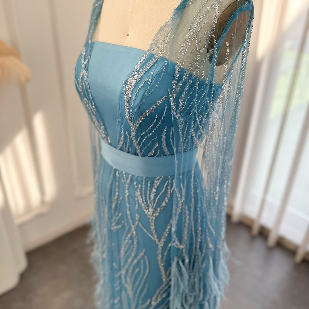 Luxury Feathers Light Yellow Evening Dress with Cape Sleeves SS420