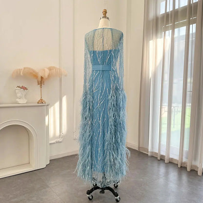 Luxury Feathers Yellow Evening Dress with Cape Sleeves SS420
