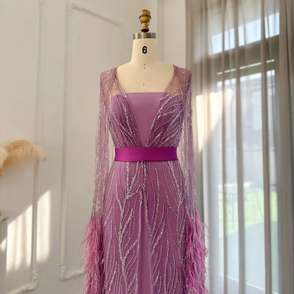 Luxury Feathers Yellow Evening Dress with Cape Sleeves SS420