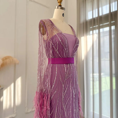Luxury Feathers Yellow Evening Dress with Cape Sleeves SS420