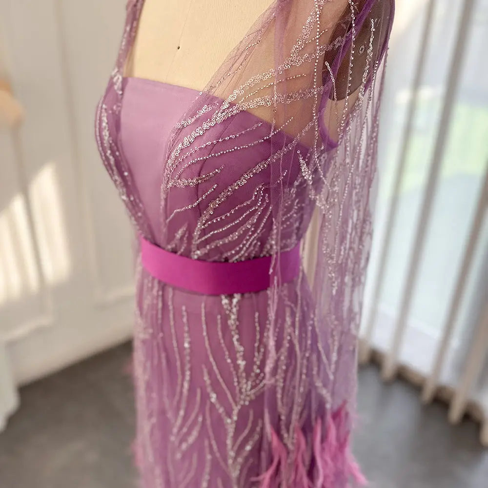 Luxury Feathers Yellow Evening Dress with Cape Sleeves SS420