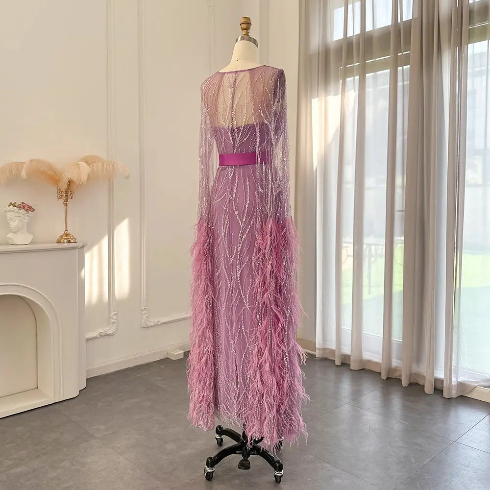 Luxury Feathers Yellow Evening Dress with Cape Sleeves SS420