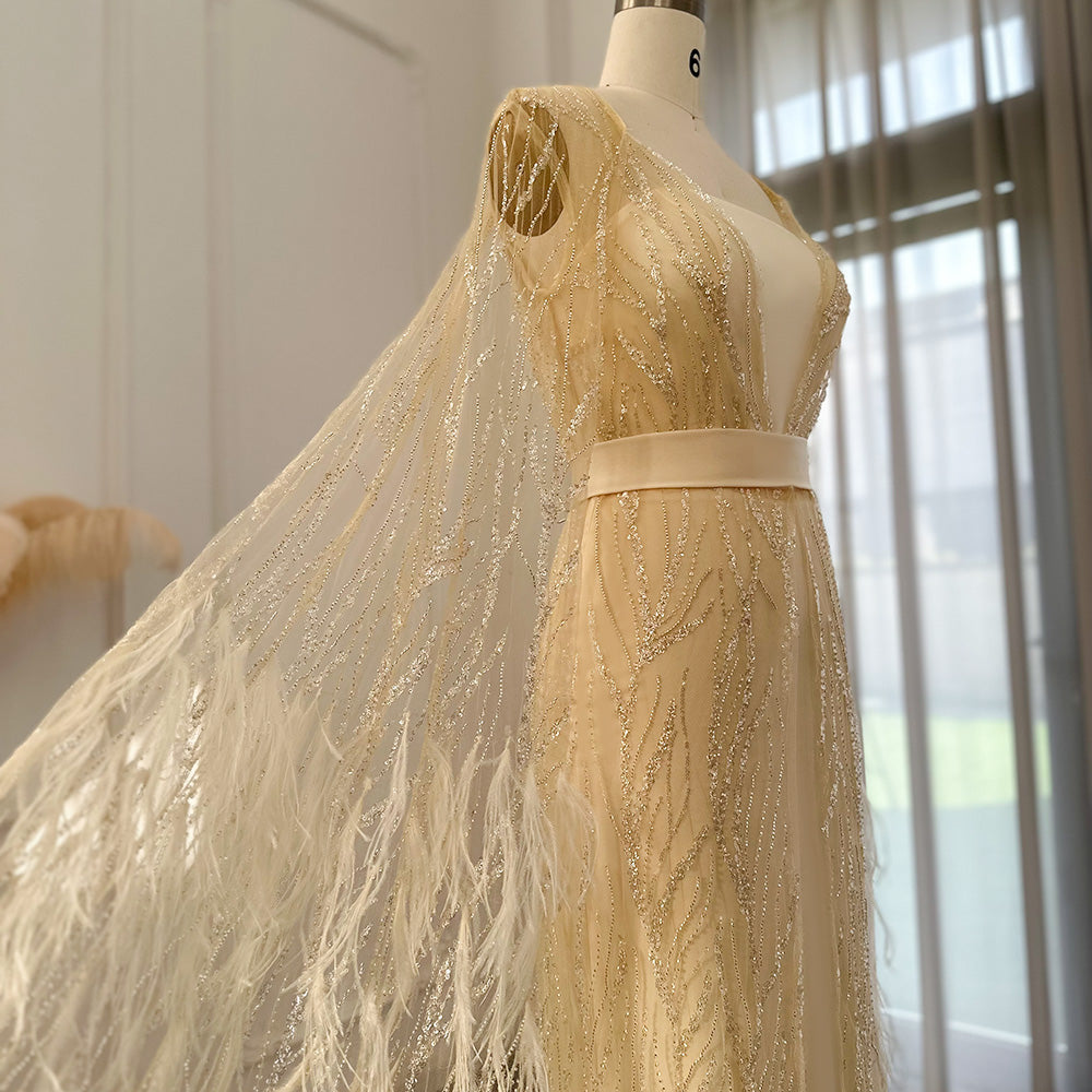 Luxury Feathers Light Yellow Evening Dress with Cape Sleeves SS420
