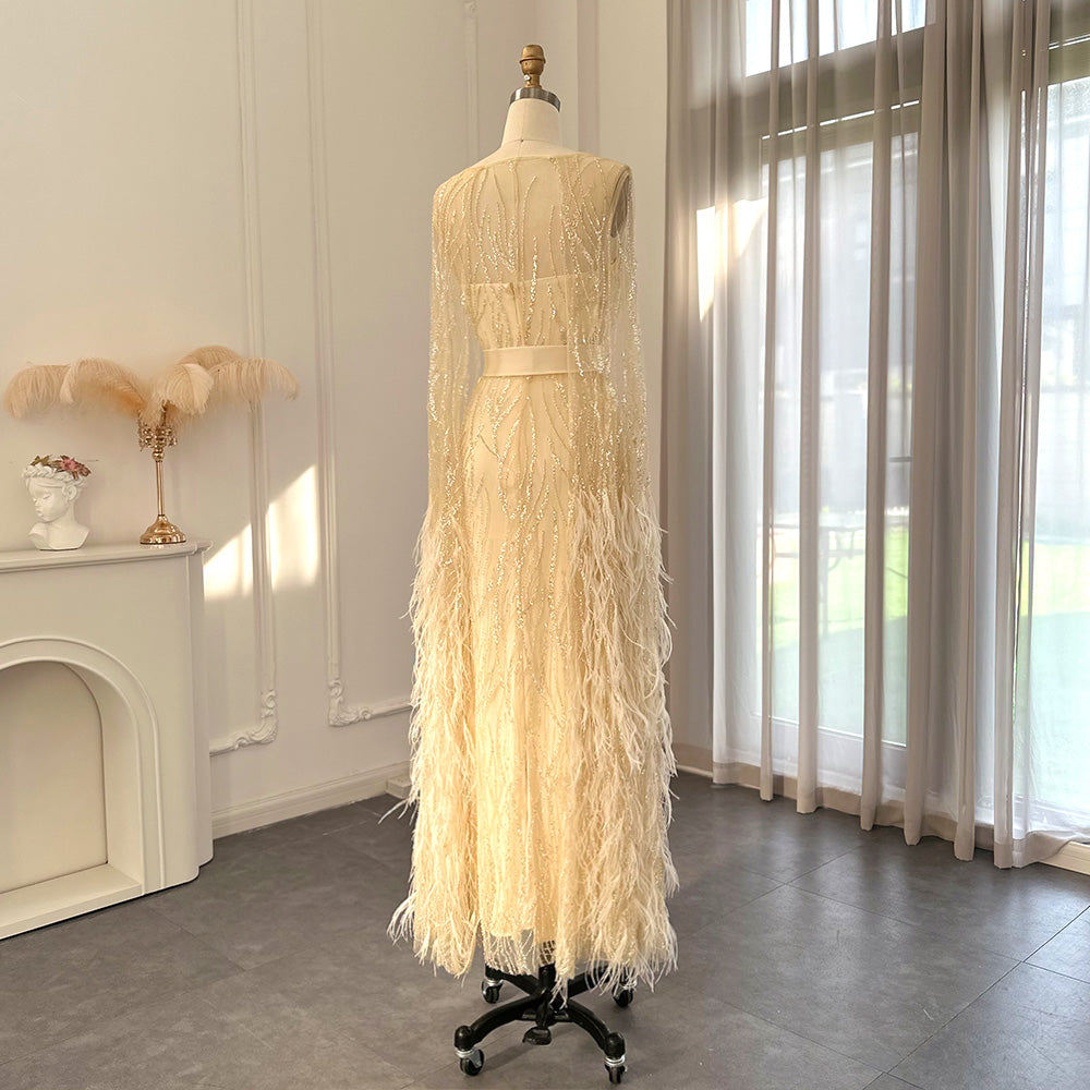 Luxury Feathers Light Yellow Evening Dress with Cape Sleeves SS420