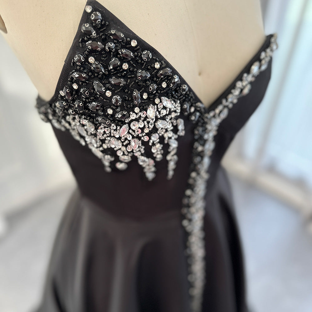 Elegant Crystal Black Long Evening Dresses with Slit SS364