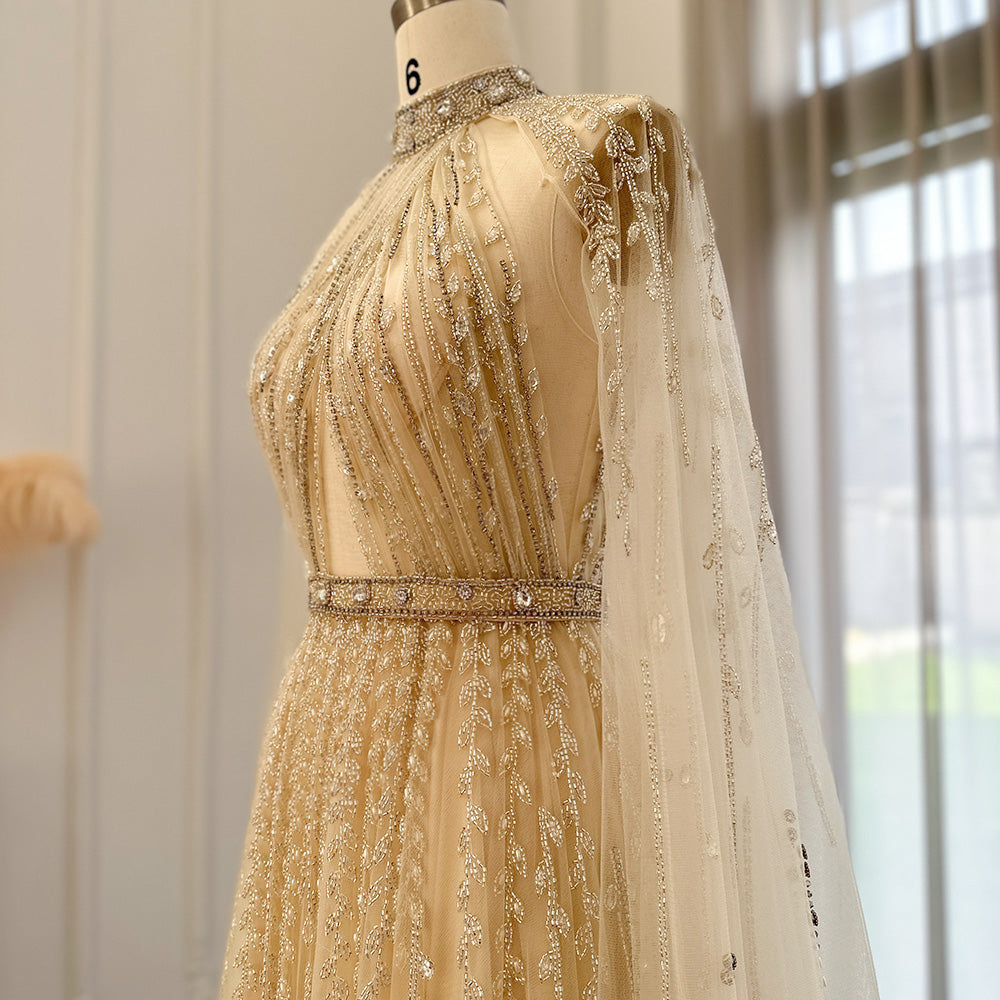 Luxury Beaded Beige Evening Dress with Cape Sleeve SS495