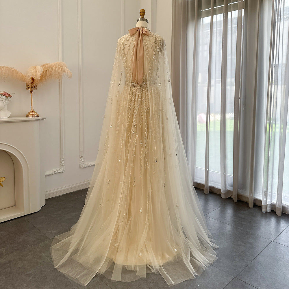 Luxury Beaded Beige Evening Dress with Cape Sleeve SS495
