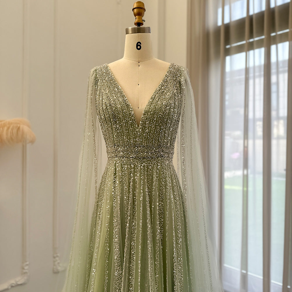 Luxury Beaded Nude Evening Dress with Cape Sleeves SS322