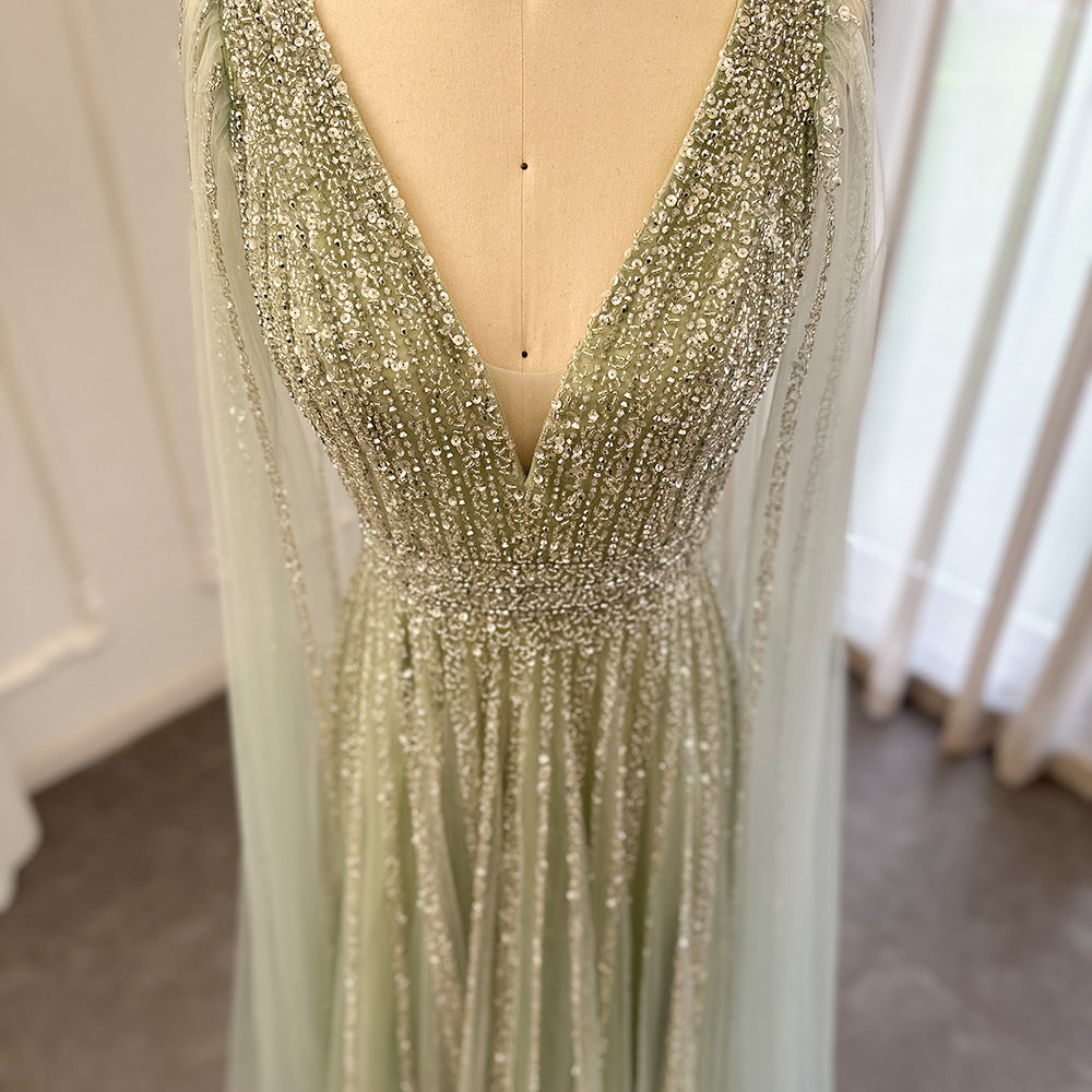 Luxury Beaded Nude Evening Dress with Cape Sleeves SS322