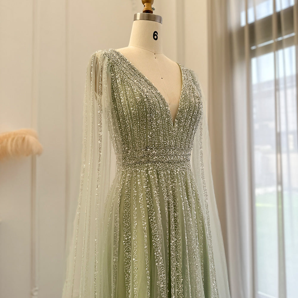 Luxury Beaded Nude Evening Dress with Cape Sleeves SS322