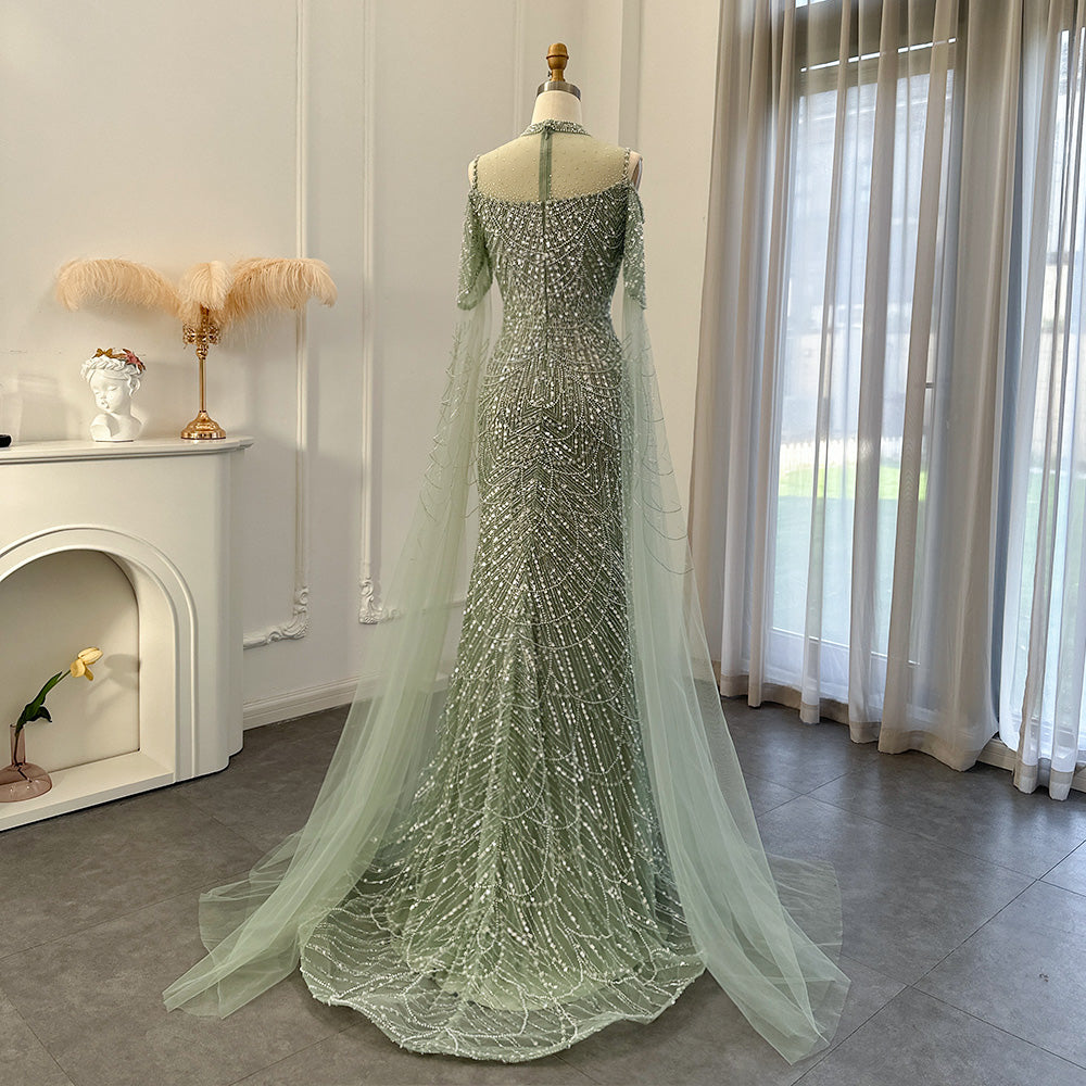 Elegant Sage Green Mermaid Evening Dress with Cape Sleeves SS205