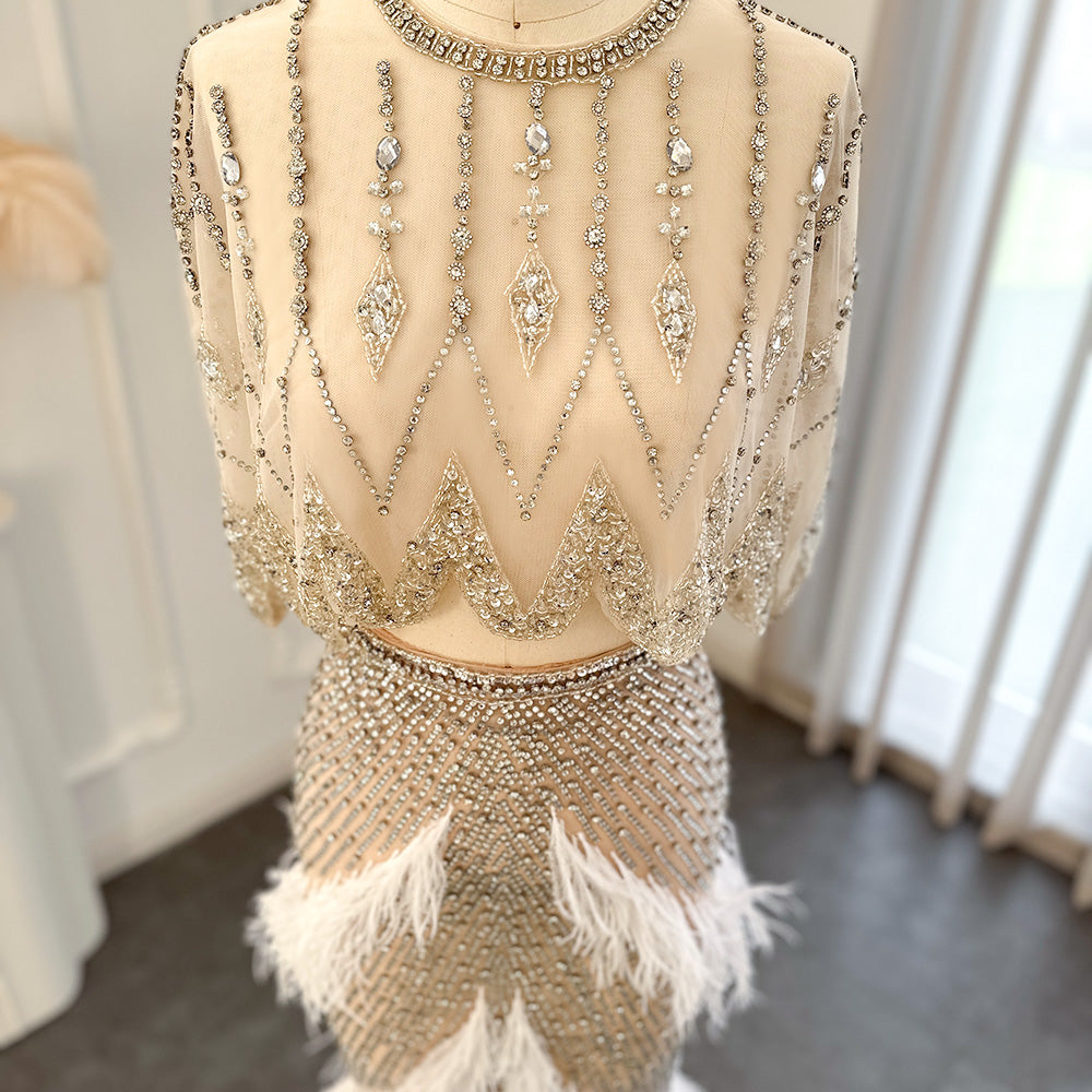 Luxury Beaded White Feathers 2 Pieces Evening Dress SS363