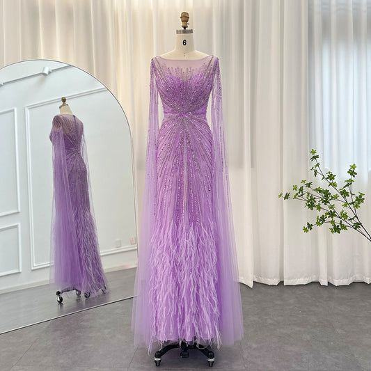 Luxury Lilac Feathers Evening Dresses with Cape Sleeves SS196