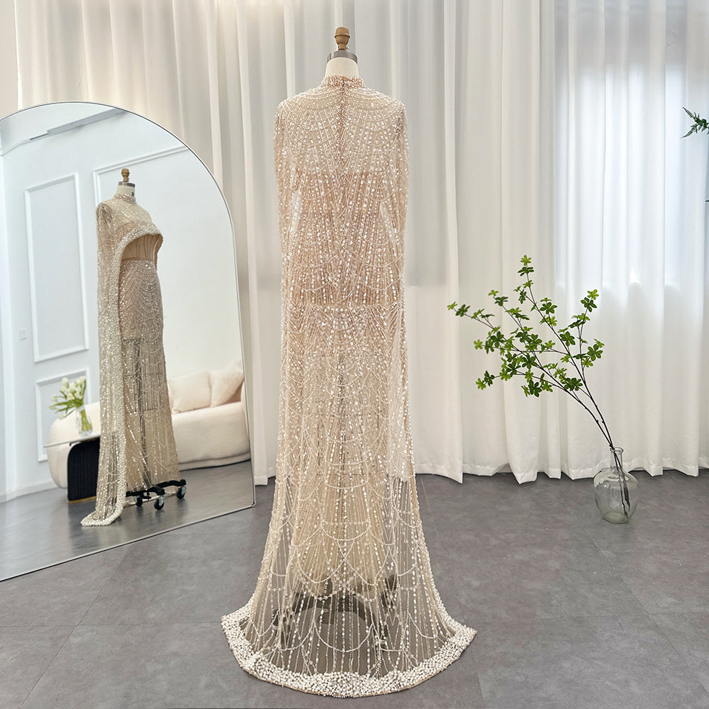 Luxury Pearls Champagne Mermaid Evening Dress with Cape SS369