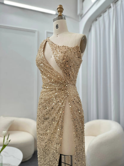 Luxury One-Shoulder Champagne High Slit Cocktail Dress RM087