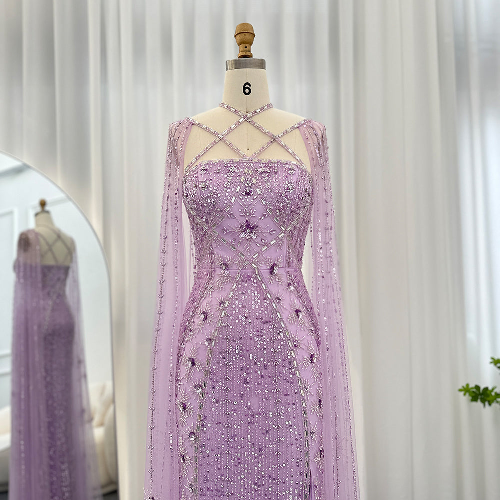 Luxury Champagne Mermaid Evening Dress with Cape Sleeves SS391