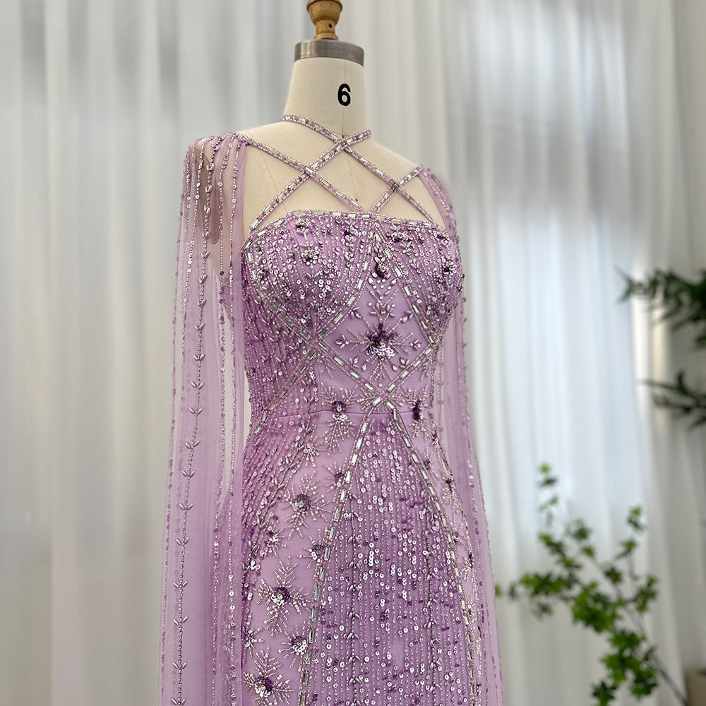 Luxury Champagne Mermaid Evening Dress with Cape Sleeves SS391