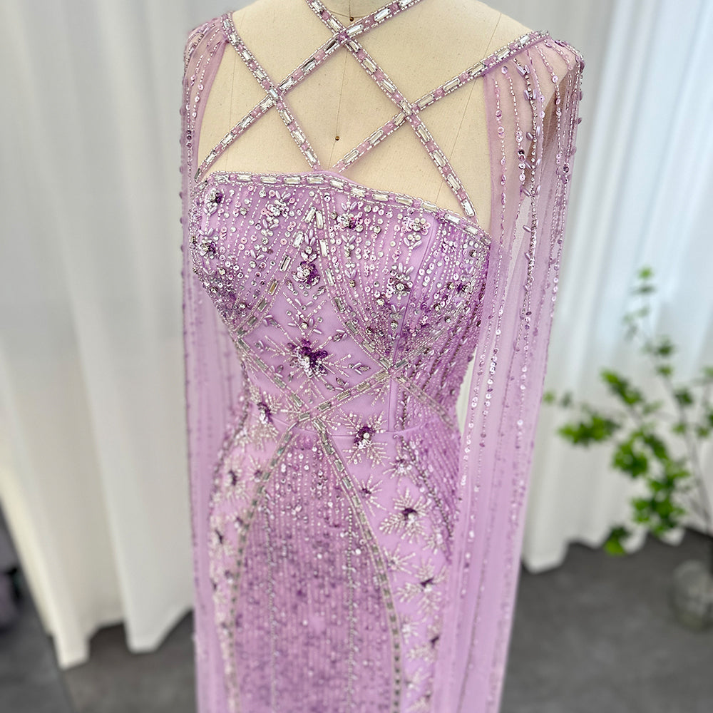 Luxury Champagne Mermaid Evening Dress with Cape Sleeves SS391