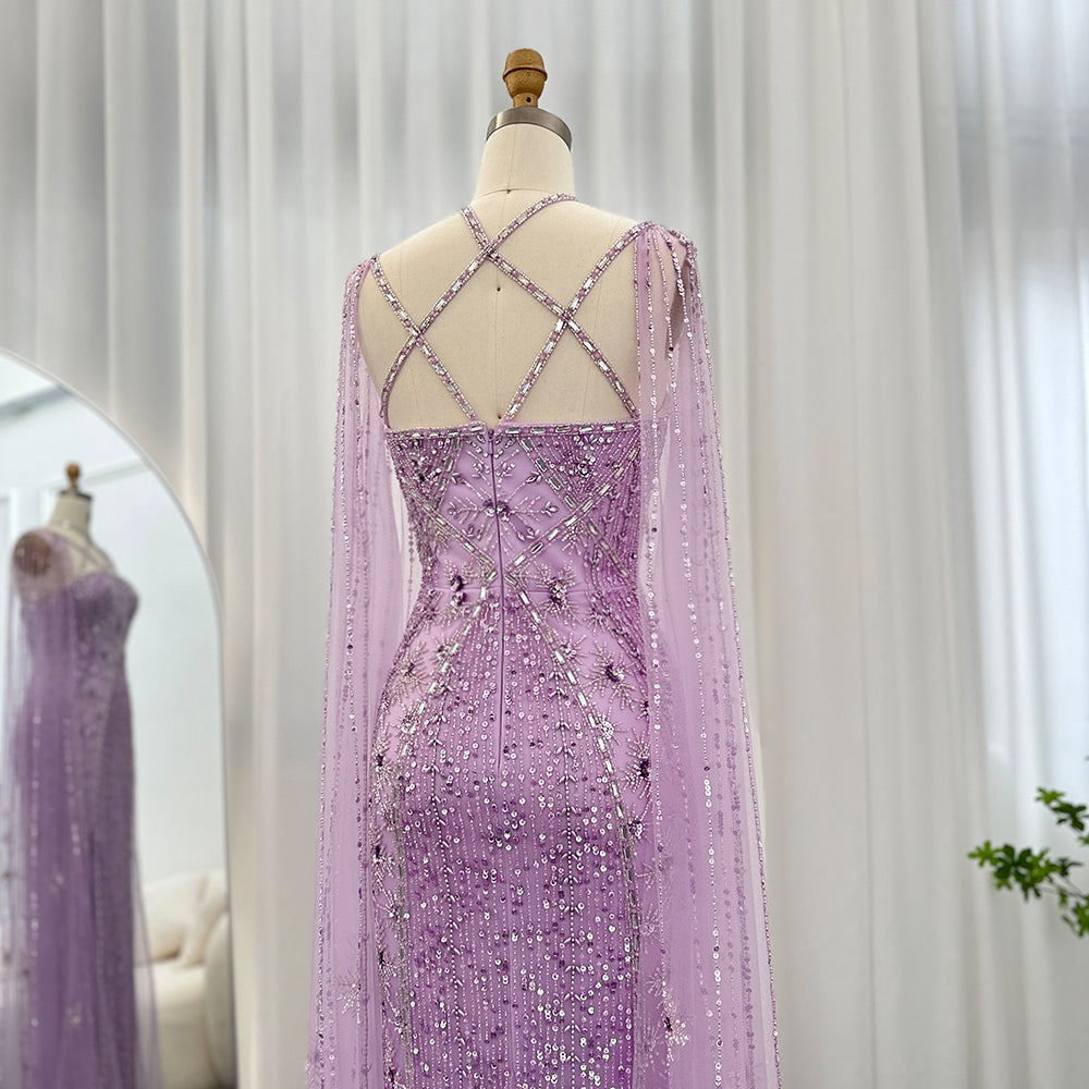Luxury Champagne Mermaid Evening Dress with Cape Sleeves SS391