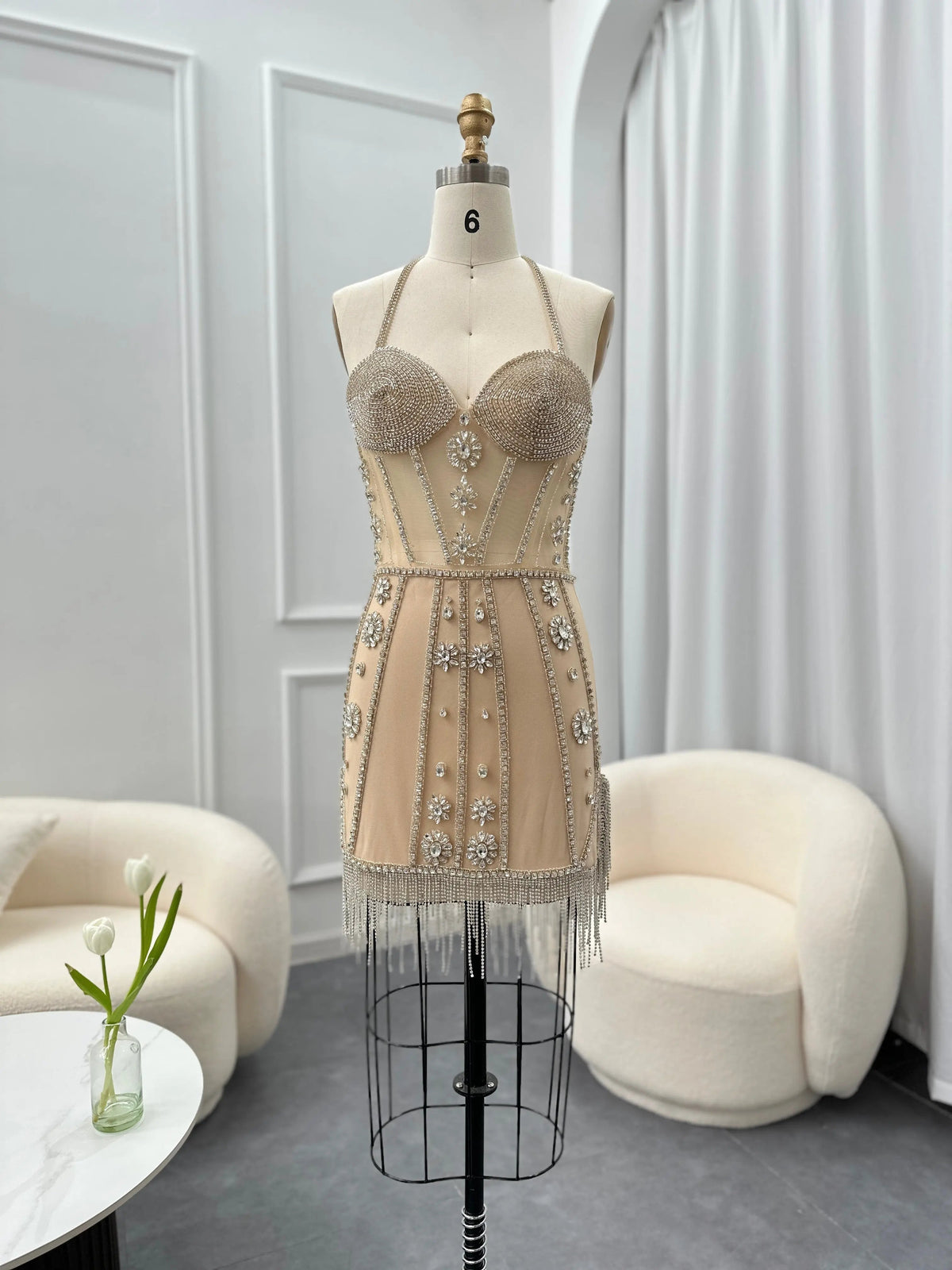 Luxury Crystal Tassels Halter Short Cocktail Dress RM014