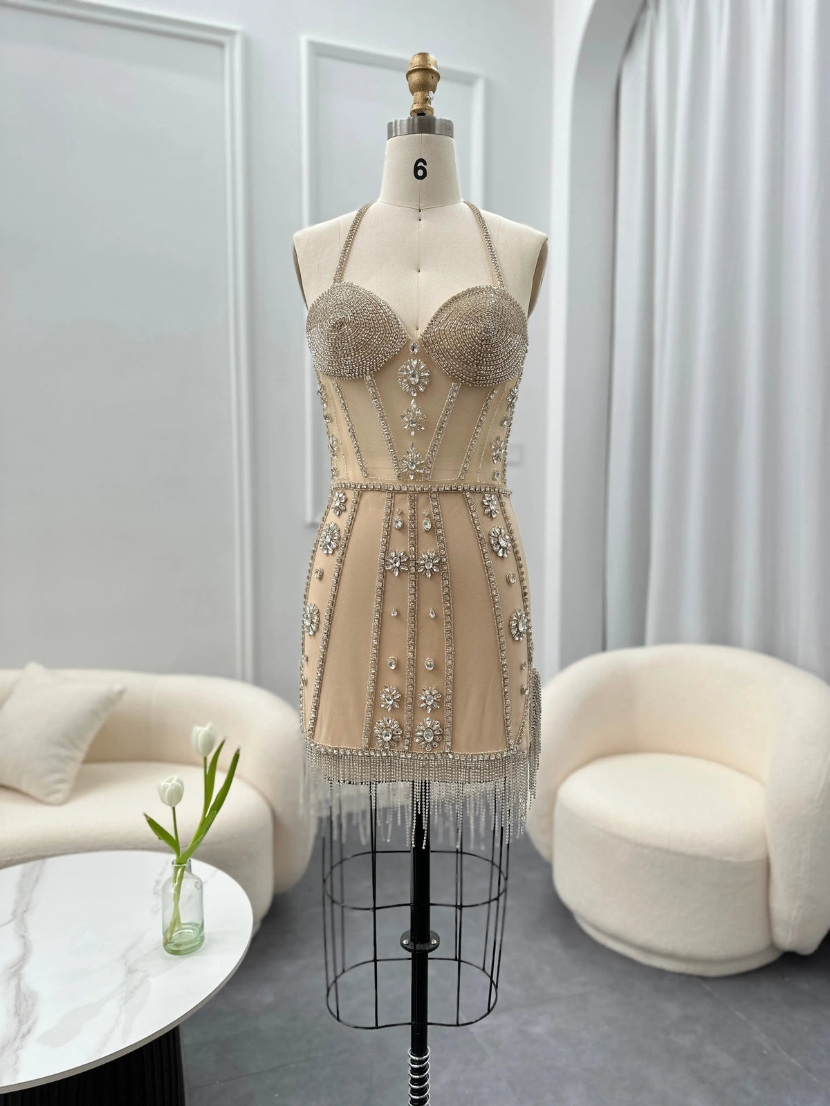 Luxury Crystal Tassels Halter Short Cocktail Dress RM014
