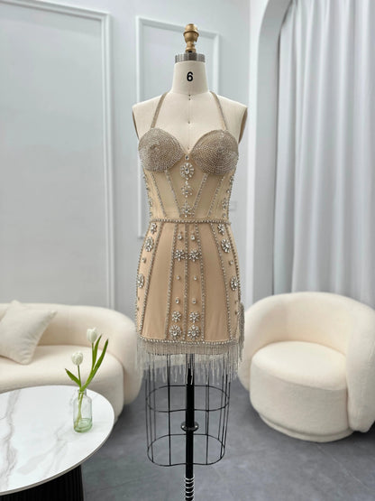 Luxury Crystal Tassels Halter Short Cocktail Dress RM014