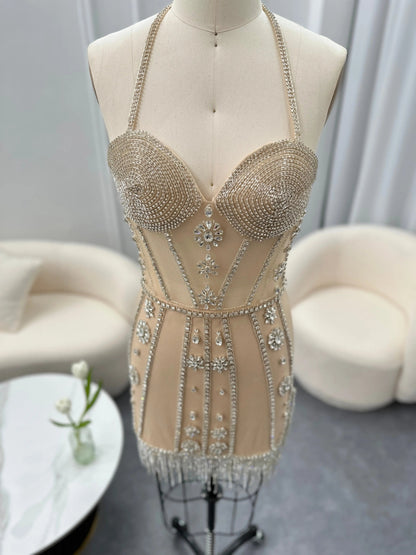 Luxury Crystal Tassels Halter Short Cocktail Dress RM014