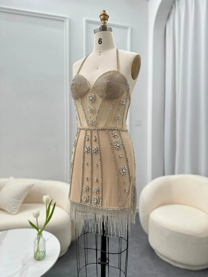 Luxury Crystal Tassels Halter Short Cocktail Dress RM014