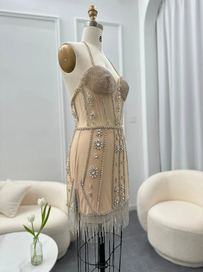 Luxury Crystal Tassels Halter Short Cocktail Dress RM014