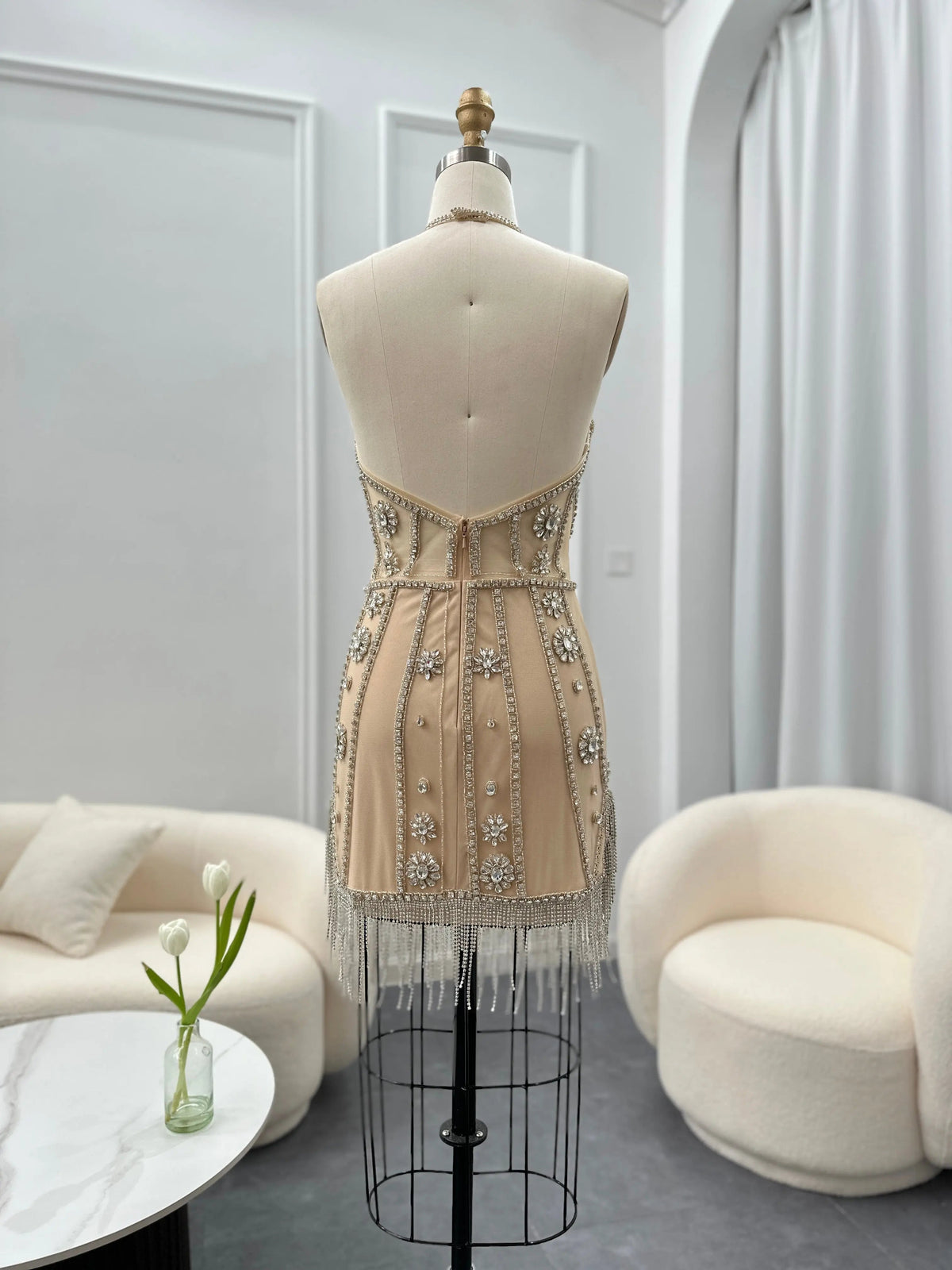 Luxury Crystal Tassels Halter Short Cocktail Dress RM014