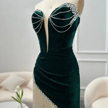 Green Crystal Tassel Velvet Short Cocktail Party Dress RM049