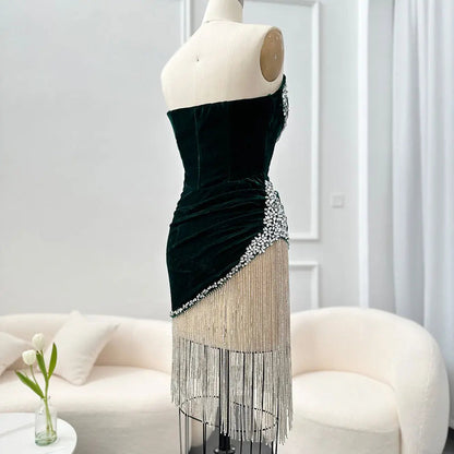 Green Crystal Tassel Velvet Short Cocktail Party Dress RM049
