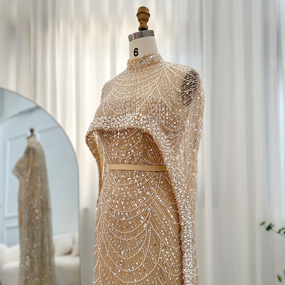 Luxury Pearls Champagne Mermaid Evening Dress with Cape SS369