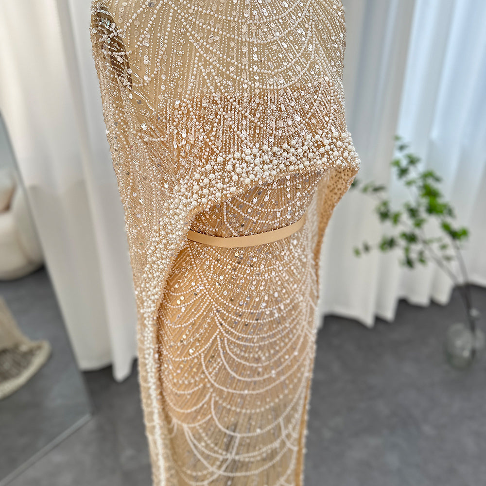 Luxury Pearls Champagne Mermaid Evening Dress with Cape SS369