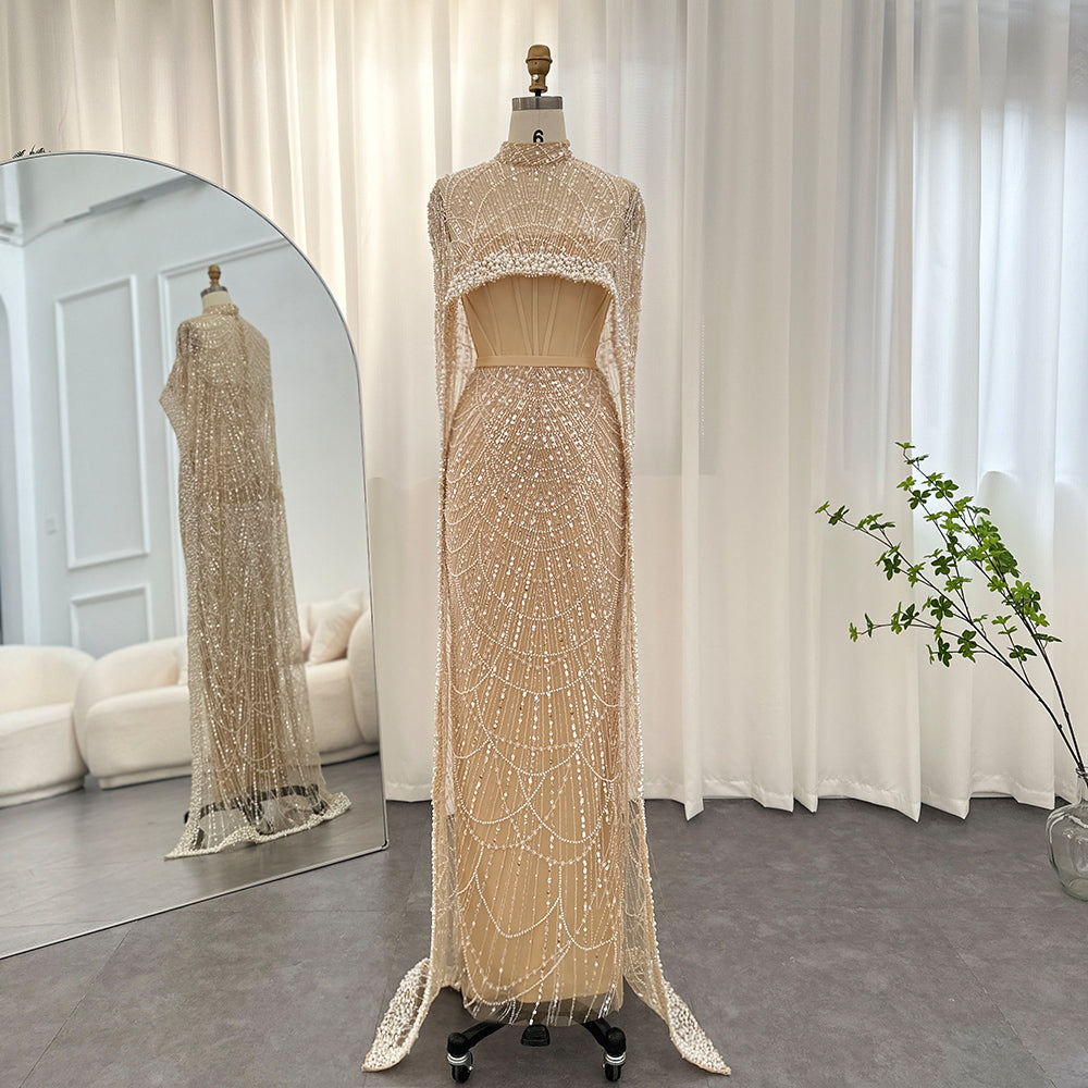 Luxury Pearls Champagne Mermaid Evening Dress with Cape SS369