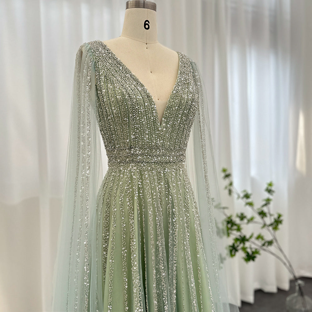 Luxury Beaded Nude Evening Dress with Cape Sleeves SS322